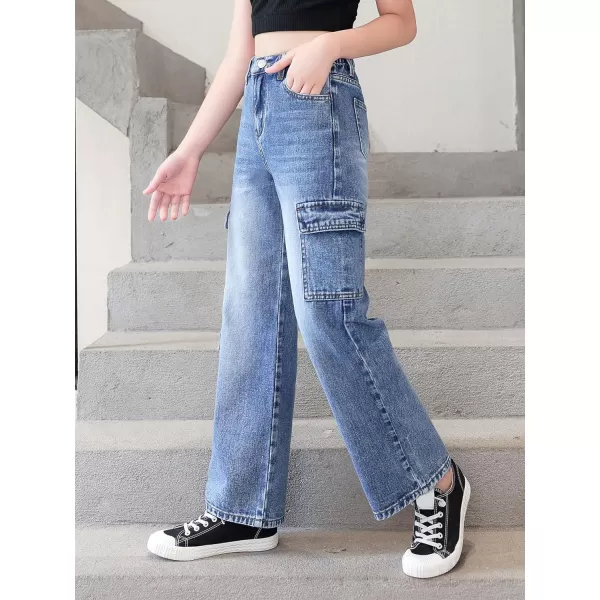 WDIRARA Girl's Flap Pocket Side High Waist Straight Leg Cargo Long Jeans Denim Pants