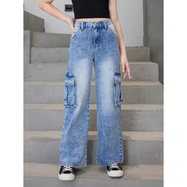 WDIRARA Girl's Flap Pocket Side High Waist Straight Leg Cargo Long Jeans Denim Pants