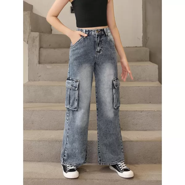 WDIRARA Girl's Flap Pocket Side High Waist Straight Leg Cargo Long Jeans Denim Pants