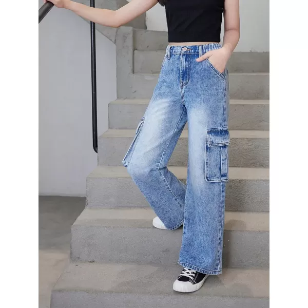 WDIRARA Girl's Flap Pocket Side High Waist Straight Leg Cargo Long Jeans Denim Pants