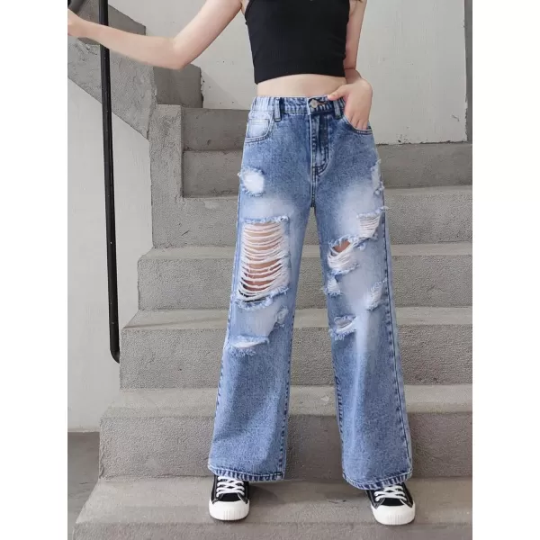 WDIRARA Girl's Flap Pocket Side High Waist Straight Leg Cargo Long Jeans Denim Pants
