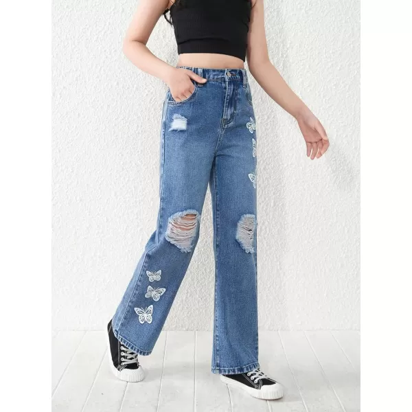 WDIRARA Girl's Flap Pocket Side High Waist Straight Leg Cargo Long Jeans Denim Pants