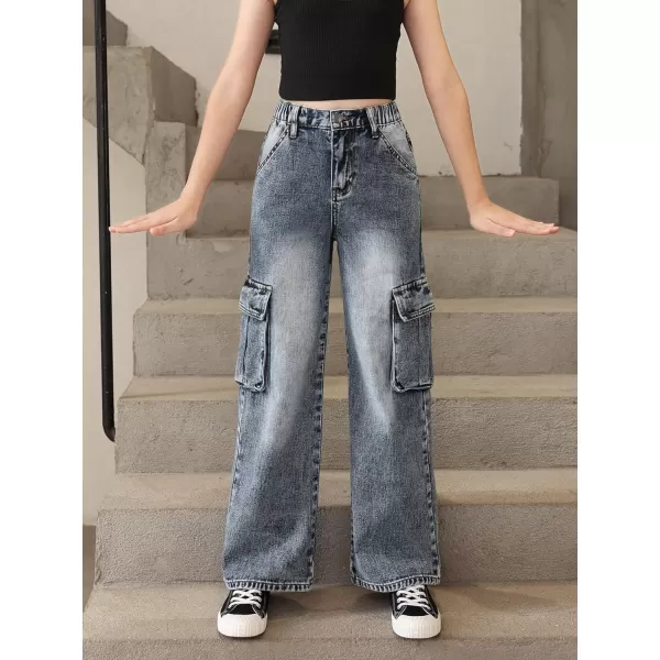 WDIRARA Girl's Flap Pocket Side High Waist Straight Leg Cargo Long Jeans Denim Pants