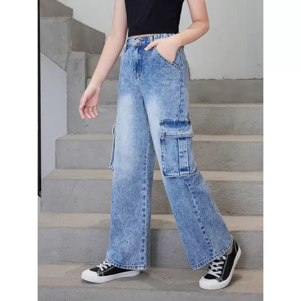 WDIRARA Girl's Flap Pocket Side High Waist Straight Leg Cargo Long Jeans Denim Pants