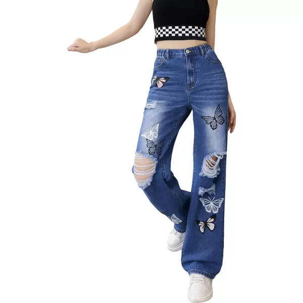 WDIRARA Girl's Flap Pocket Side High Waist Straight Leg Cargo Long Jeans Denim Pants