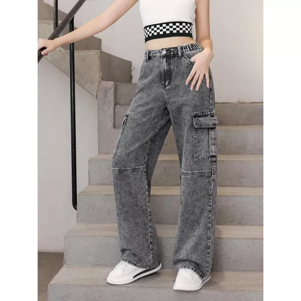 WDIRARA Girl's Flap Pocket Side High Waist Straight Leg Cargo Long Jeans Denim Pants