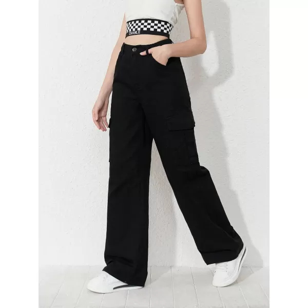 WDIRARA Girl's Flap Pocket Side High Waist Straight Leg Cargo Long Jeans Denim Pants