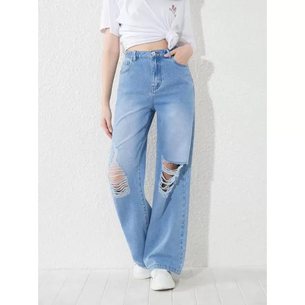 WDIRARA Girl's Flap Pocket Side High Waist Straight Leg Cargo Long Jeans Denim Pants