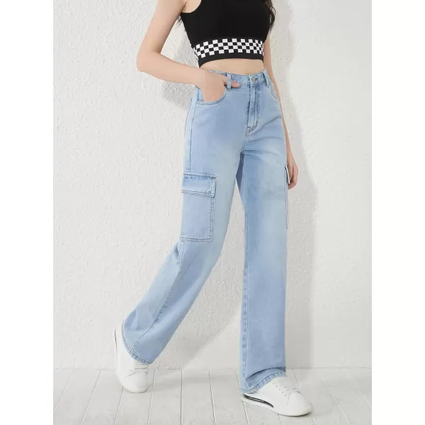 WDIRARA Girl's Flap Pocket Side High Waist Straight Leg Cargo Long Jeans Denim Pants