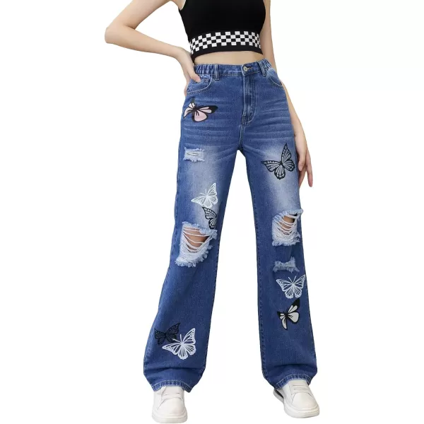 WDIRARA Girl's Flap Pocket Side High Waist Straight Leg Cargo Long Jeans Denim Pants