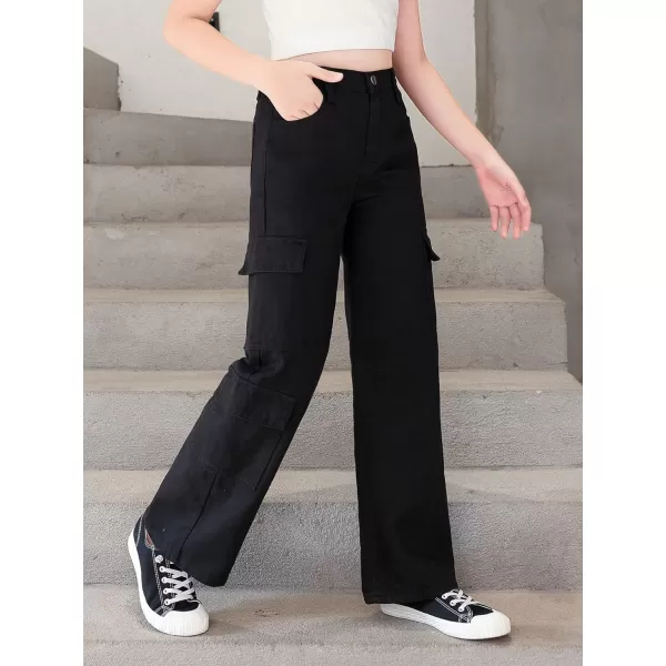 WDIRARA Girl's Flap Pocket Side High Waist Straight Leg Cargo Long Jeans Denim Pants
