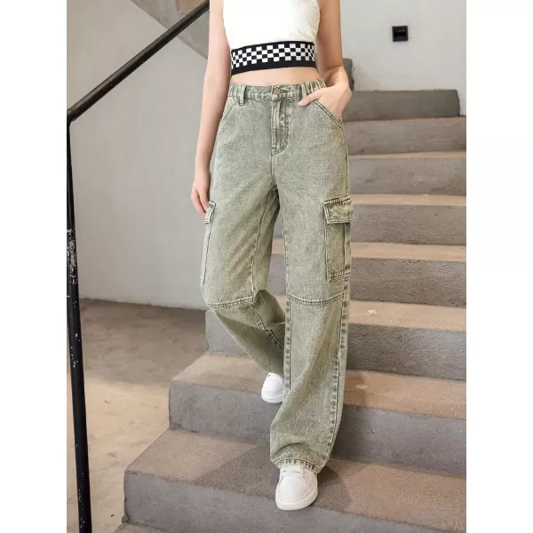 WDIRARA Girl's Flap Pocket Side High Waist Straight Leg Cargo Long Jeans Denim Pants