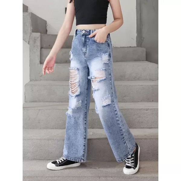 WDIRARA Girl's Flap Pocket Side High Waist Straight Leg Cargo Long Jeans Denim Pants