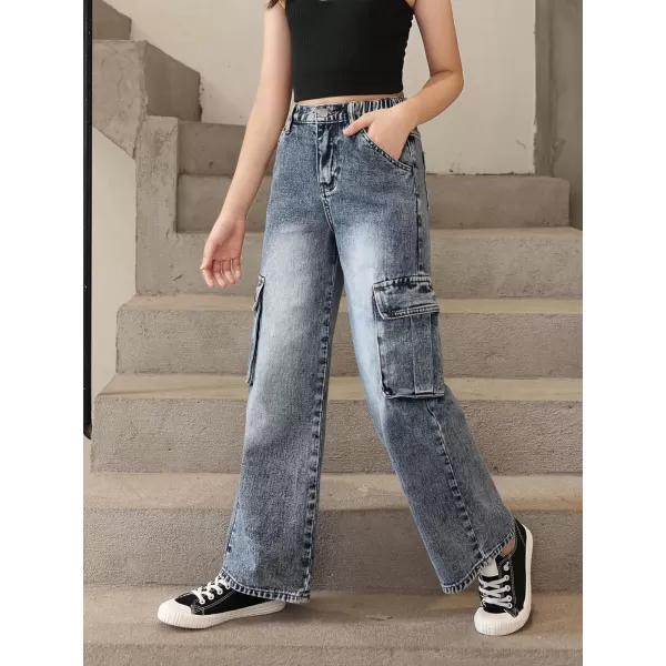 WDIRARA Girl's Flap Pocket Side High Waist Straight Leg Cargo Long Jeans Denim Pants