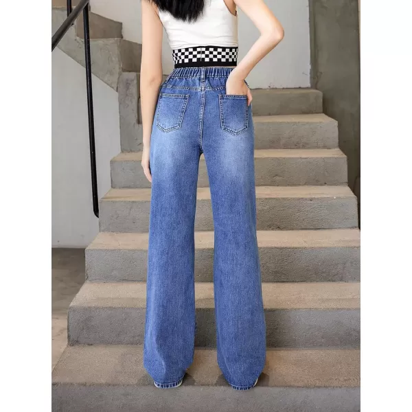 WDIRARA Girl's Flap Pocket Side High Waist Straight Leg Cargo Long Jeans Denim Pants