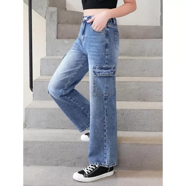 WDIRARA Girl's Flap Pocket Side High Waist Straight Leg Cargo Long Jeans Denim Pants