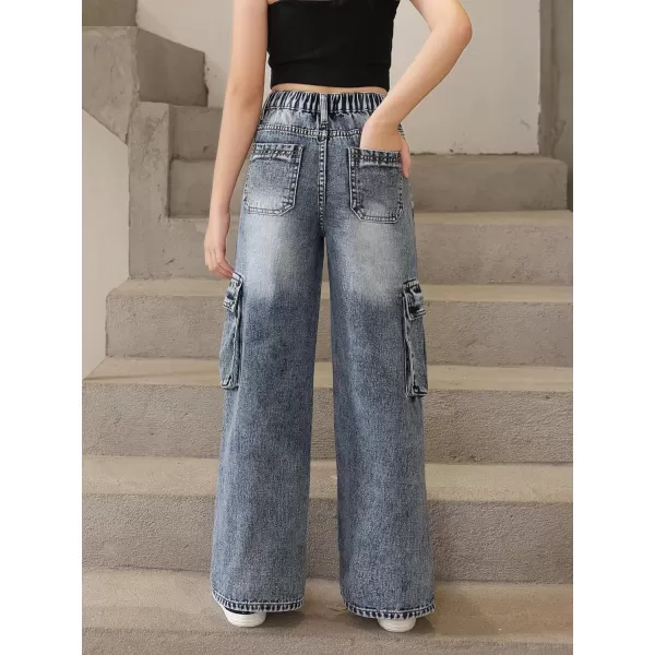 WDIRARA Girl's Flap Pocket Side High Waist Straight Leg Cargo Long Jeans Denim Pants