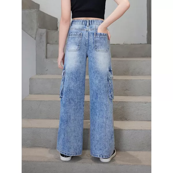 WDIRARA Girl's Flap Pocket Side High Waist Straight Leg Cargo Long Jeans Denim Pants