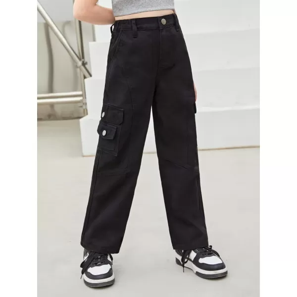 WDIRARA Girl's Flap Pocket Side High Waist Straight Leg Cargo Long Jeans Denim Pants