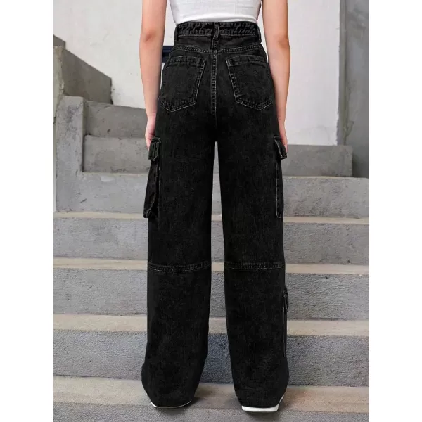 WDIRARA Girl's Flap Pocket Side High Waist Straight Leg Cargo Long Jeans Denim Pants