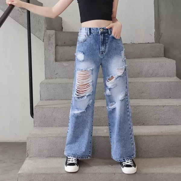 WDIRARA Girl's Flap Pocket Side High Waist Straight Leg Cargo Long Jeans Denim Pants