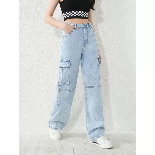 WDIRARA Girl's Flap Pocket Side High Waist Straight Leg Cargo Long Jeans Denim Pants