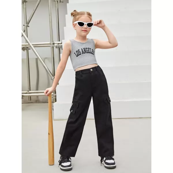 WDIRARA Girl's Flap Pocket Side High Waist Straight Leg Cargo Long Jeans Denim Pants