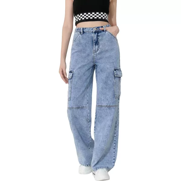 WDIRARA Girl's Flap Pocket Side High Waist Straight Leg Cargo Long Jeans Denim Pants