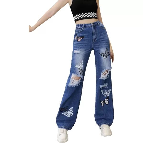 WDIRARA Girl's Flap Pocket Side High Waist Straight Leg Cargo Long Jeans Denim Pants