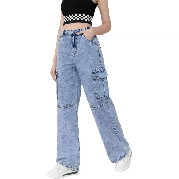 WDIRARA Girl's Flap Pocket Side High Waist Straight Leg Cargo Long Jeans Denim Pants