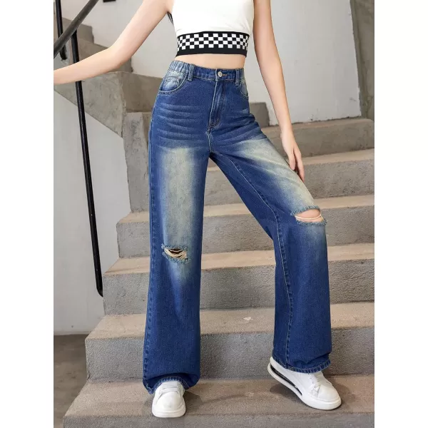 WDIRARA Girl's Flap Pocket Side High Waist Straight Leg Cargo Long Jeans Denim Pants