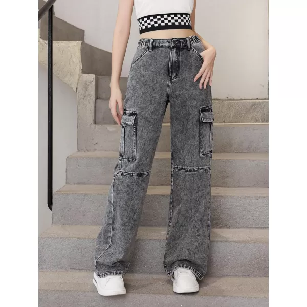 WDIRARA Girl's Flap Pocket Side High Waist Straight Leg Cargo Long Jeans Denim Pants