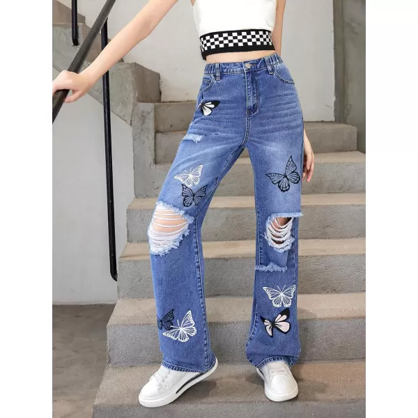 WDIRARA Girl's Flap Pocket Side High Waist Straight Leg Cargo Long Jeans Denim Pants