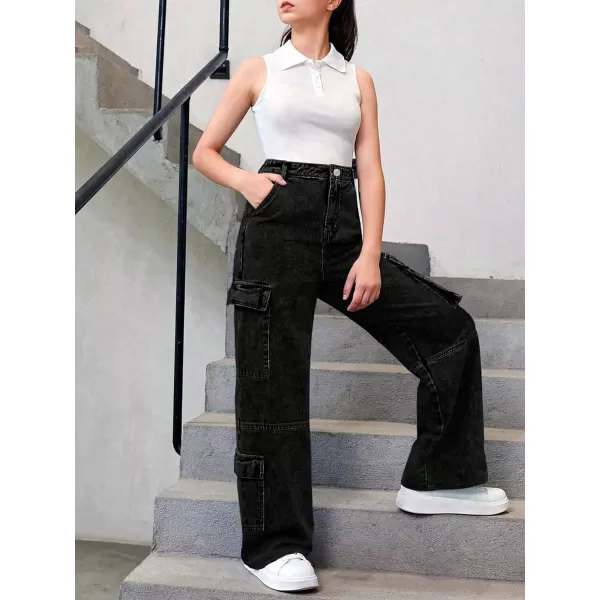 WDIRARA Girl's Flap Pocket Side High Waist Straight Leg Cargo Long Jeans Denim Pants