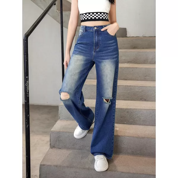 WDIRARA Girl's Flap Pocket Side High Waist Straight Leg Cargo Long Jeans Denim Pants