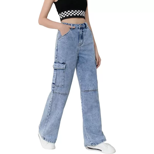 WDIRARA Girl's Flap Pocket Side High Waist Straight Leg Cargo Long Jeans Denim Pants