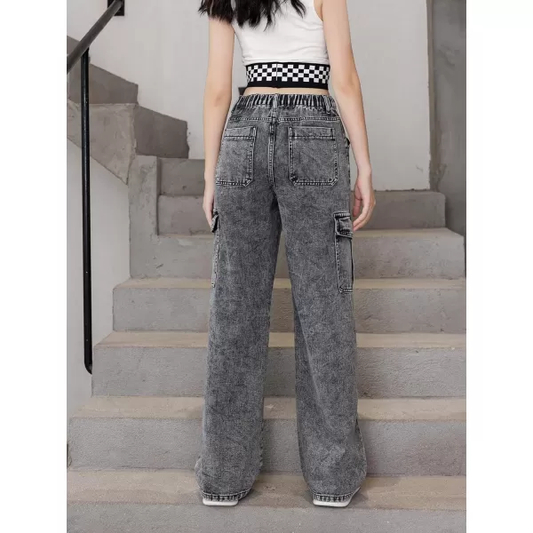 WDIRARA Girl's Flap Pocket Side High Waist Straight Leg Cargo Long Jeans Denim Pants