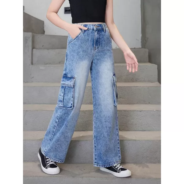 WDIRARA Girl's Flap Pocket Side High Waist Straight Leg Cargo Long Jeans Denim Pants