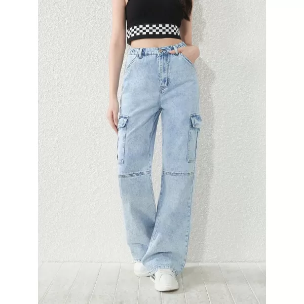 WDIRARA Girl's Flap Pocket Side High Waist Straight Leg Cargo Long Jeans Denim Pants