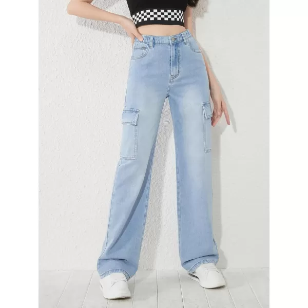 WDIRARA Girl's Flap Pocket Side High Waist Straight Leg Cargo Long Jeans Denim Pants
