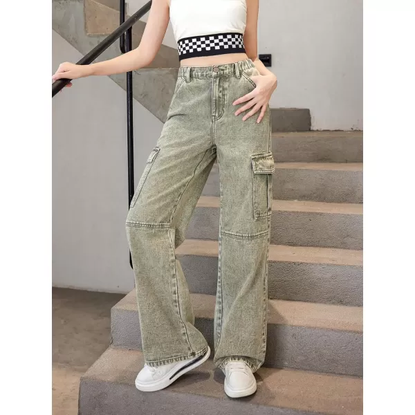 WDIRARA Girl's Flap Pocket Side High Waist Straight Leg Cargo Long Jeans Denim Pants