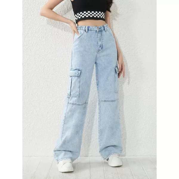 WDIRARA Girl's Flap Pocket Side High Waist Straight Leg Cargo Long Jeans Denim Pants