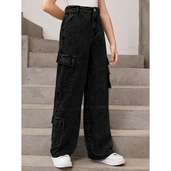 WDIRARA Girl's Flap Pocket Side High Waist Straight Leg Cargo Long Jeans Denim Pants