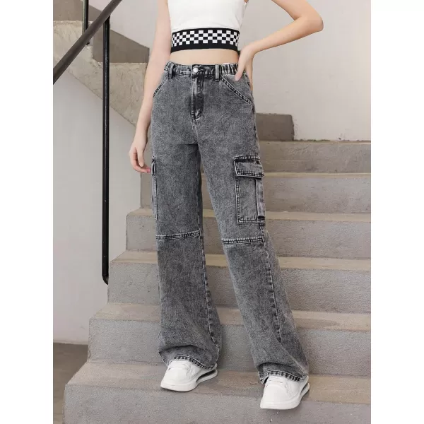WDIRARA Girl's Flap Pocket Side High Waist Straight Leg Cargo Long Jeans Denim Pants