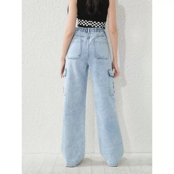WDIRARA Girl's Flap Pocket Side High Waist Straight Leg Cargo Long Jeans Denim Pants