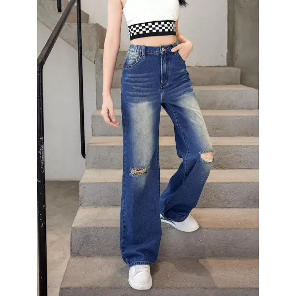 WDIRARA Girl's Flap Pocket Side High Waist Straight Leg Cargo Long Jeans Denim Pants