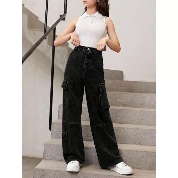 WDIRARA Girl's Flap Pocket Side High Waist Straight Leg Cargo Long Jeans Denim Pants
