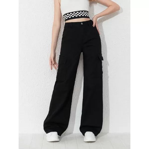 WDIRARA Girl's Flap Pocket Side High Waist Straight Leg Cargo Long Jeans Denim Pants