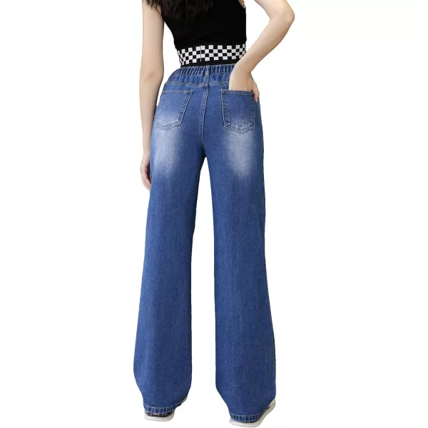 WDIRARA Girl's Flap Pocket Side High Waist Straight Leg Cargo Long Jeans Denim Pants