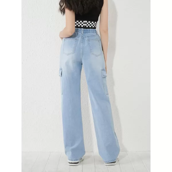 WDIRARA Girl's Flap Pocket Side High Waist Straight Leg Cargo Long Jeans Denim Pants